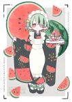  1girl apron black_kimono cotton_1186 food food_print fruit fruit_print full_body grey_hair highres holding holding_food japanese_clothes kimono long_sleeves looking_at_viewer maid maid_apron maid_headdress okobo original platform_sandals print_kimono red_eyes red_nails sandals solo standing wa_maid watermelon watermelon_print watermelon_slice white_apron wide_sleeves 