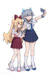  2girls absurdres blonde_hair blue_eyes bow bowtie cellphone choker cross cross_earrings double_v earrings full_body grey_hair gyaru highres holding holding_phone jewelry long_hair looking_at_phone multiple_girls necktie original outstretched_arm phone pointy_ears red_eyes school_uniform selfie shoes skirt smartphone symbol-shaped_pupils uwabaki v x-shaped_pupils zizi_niisan 