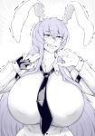  animal_ears breasts collared_shirt covered_nipples curvy elun_(meido) facing_viewer fingerless_gloves gloves hands_up highres huge_breasts impossible_clothes long_hair long_sleeves necktie nervous_sweating open_mouth purple_hair rabbit_ears rabbit_girl red_eyes reisen_udongein_inaba shirt smoking_finger_gun sweat tie_clip touhou white_background 