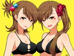  :p bikini_top breast_press breasts brown_eyes brown_hair cleavage cleavage_cutout earrings facial_mark futami_ami futami_mami highres idolmaster idolmaster_(classic) jewelry long_hair looking_at_viewer looking_to_the_side medium_breasts multiple_girls older open_mouth ram_(ramlabo) scrunchie short_hair siblings side_ponytail sisters skindentation smile swimsuit symmetrical_docking tongue tongue_out twins yellow_background 