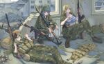 3girls absurdres assault_rifle bandana camouflage camouflage_jacket camouflage_pants cigarette gun helmet highres holding holding_cigarette jacket kalashnikov_rifle military military_combat_uniform military_uniform moe_internationale multiple_girls original pants rifle rocket_launcher rpg-7 rpg_(weapon) sarashi shirt soviet striped_clothes striped_shirt vdv weapon 