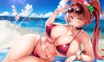  3girls adjusting_eyewear ahoge ass ass_visible_through_thighs bare_arms bare_legs barefoot beach bikini black_bikini black_choker blue_sky bracelet breasts choker cleavage cloud collarbone covered_nipples dated day eyewear_on_head hair_bobbles hair_intakes hair_ornament huge_breasts innertube jewelry jotti jumping lens_flare long_hair lying multiple_girls on_side original outdoors ponytail red_bikini red_eyes red_hair short_hair sidelocks signature skindentation sky smile solo_focus sunglasses swim_ring swimsuit thighs underboob white_hair 