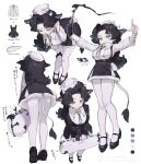  1girl absurdres animal_charm animal_ears black_gloves black_hair black_shoes blouse blue_brooch blue_eyes charm_(object) color_guide cow_ears cow_girl cow_horns cow_tail curtained_hair dixie_cup_hat gloves hat highres horns long_hair military_hat multiple_views original pantyhose shirt shoes simple_background single_glove skirt suspender_skirt suspenders tail translation_request violin_case white_background white_hat white_pantyhose white_shirt wing_collar zizi_niisan 
