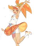  1girl ;d ankle_socks arm_at_side arm_up armpits breasts collared_shirt commentary_request cookie_run cookie_run:_ovenbreak double_horizontal_stripe food-themed_hair foot_out_of_frame hair_ornament hat high_ponytail highres humanization korean_commentary leaf_hair_ornament looking_at_viewer midriff_peek ohta_guk_hip one_eye_closed open_mouth orange_cookie orange_eyes orange_hair orange_hat orange_skirt outstretched_arm ponytail shirt shoes shorts simple_background skirt sleeveless sleeveless_shirt small_breasts smile socks solo standing standing_on_one_leg sweat teeth tongue visor_cap white_background white_shirt white_shoes white_shorts white_socks wristband 