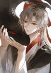  1boy absurdres animal bishounen black_coat black_hat black_snake character_request chinese_clothes closed_mouth coat copyright_request earrings grey_hair hair_between_eyes hair_ribbon half_updo hands_up hanfu hat highres holding holding_animal jewelry korean_commentary long_hair long_sleeves looking_at_animal male_focus red_eyes red_ribbon ribbon simple_background smile snake solo tassel tassel_earrings upper_body white_background white_hair white_hanfu wide_sleeves young57440489 