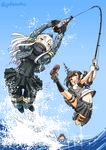  alternate_hair_color black_legwear blue_eyes blue_sky bottle brown_hair commentary_request covered_navel cropped_jacket day fishing fishing_line fishing_rod fubuki_(kantai_collection) garrison_cap green_eyes hair_ornament hairclip hat highres holding holding_fishing_rod i-401_(kantai_collection) jumping kantai_collection kneehighs long_hair long_sleeves looking_at_viewer low_ponytail machinery midriff military military_uniform multiple_girls navel ocean open_mouth outdoors outstretched_leg pantyhose parody pleated_skirt ponytail puffy_long_sleeves puffy_sleeves remodel_(kantai_collection) school_uniform serafuku short_ponytail short_sleeves skirt sky sogabe_toshinori sparkle thighhighs tsurikichi_sanpei twitter_username u-511_(kantai_collection) uniform water white_hair 