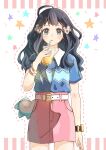  1girl ahoge belt belt_buckle black_eyes black_hair blue_shirt bracelet buckle collared_shirt commentary cowboy_shot cup dawn_(pokemon) denim denim_skirt dotted_line drinking drinking_straw hair_ornament hand_up high-waist_skirt highres holding holding_cup ice ice_cube jewelry juice kohapikalink long_hair looking_at_viewer orange_juice pachirisu pencil_skirt pink_skirt pokemon pokemon_(creature) pokemon_dppt shirt shirt_tucked_in shirt_under_shirt short_sleeves skirt solo_focus standing star_(symbol) straight-on tail watch wavy_hair white_belt white_shirt wristwatch 