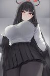  1girl absurdres black_hair black_halo black_pantyhose black_skirt blue_archive blush breasts commentary hair_ornament hairclip halo highres huge_breasts long_sleeves looking_at_viewer pantyhose pleated_skirt red_eyes ribbed_sweater ringed_eyes rio_(blue_archive) skirt solo sweater thighs tol10131 white_sweater 