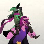  1boy 1girl :d animal_ears armlet artist_name belt black_belt black_boots black_fur black_jacket boots bracelet buckle carrying colored_sclera colored_skin commentary deltarune english_commentary fangs furry furry_female furry_male glasses goat_boy goat_ears goat_horns green_hat green_robe hand_on_headwear hat heart heart-shaped_buckle heart_belt heart_print highres horns jacket jewelry mechamichal open_clothes open_jacket patch pink_scarf pink_skin purple_belt purple_hair ralsei ralsei_(hat) robe scarf sharp_teeth shoulder_carry smile spiked_armlet spiked_bracelet spikes susie_(dark_world)_(deltarune) susie_(deltarune) teeth tongue white_eyes witch_hat yellow_sclera 