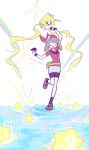  1girl :d arm_up bandana bike_shorts_under_skirt brown_hair closed_eyes collared_shirt commentary gloves happy highres jirachi knees_together_feet_apart leg_up may_(pokemon) medium_hair miu_(miuuu_721) open_mouth pokemon pokemon_(creature) pokemon_rse red_bandana red_shirt shirt shoes short_sleeves skirt smile socks standing standing_on_one_leg symbol-only_commentary 