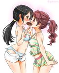  arched_back bikini bikini_under_clothes black_hair blush breasts brown_eyes commentary_request doughnut eye_contact food from_side hair_ornament hair_scrunchie highres idolmaster idolmaster_cinderella_girls long_hair looking_at_another medium_breasts mouth_hold multiple_girls nakano_yuka navel open_mouth polka_dot polka_dot_bikini ponytail scrunchie shared_food shiina_noriko smile sogabe_toshinori standing swimsuit twintails yuri 