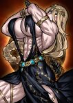  abs absurdres belt black_dress black_sky blush breasts dress eclipse elden_ring embroidered_dress highres holding holding_mace holding_weapon large_breasts long_braid long_hair looking_at_viewer mace muscular muscular_female queen_marika_the_eternal sky sleeveless sleeveless_dress thick_thighs thighs tiara torn_clothes underboob veins veiny_arms veiny_thighs weapon yellow_eyes yotaro 