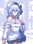  1girl alternate_costume bag black_skirt blue_bag blue_hair blue_hat blue_shirt breasts closed_mouth commentary cowboy_shot hair_between_eyes hat holding holding_bag iunelim large_breasts long_hair looking_at_viewer off-shoulder_shirt off_shoulder pixel_art purple_eyes shirt shorekeeper_(wuthering_waves) skirt solo two-tone_hat white_hat wuthering_waves 