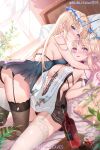  2girls absurdres alcohol artist_name backless_dress backless_outfit bare_shoulders bed bed_sheet between_breasts bilibili_username black_dress black_panties black_thighhighs blonde_hair blue_butterfly blue_eyes blush bottle breasts bug butterfly cartethyia_(wuthering_waves) chinese_commentary cleavage closed_mouth commentary_request crown_of_thorns cup curtains dress drinking_glass dual_persona earrings facial_mark fallen-leaves fleurdelys_(wuthering_waves) forehead_mark garter_straps glowing_butterfly gold_trim hair_between_eyes hand_on_another&#039;s_back highres horns indoors jewelry large_breasts light_particles long_hair long_horns looking_at_viewer lying multiple_girls on_back on_bed open_mouth panties partial_commentary pillow plant pointy_ears red_wine single_horn smile tabard table tacet_mark_(wuthering_waves) thighhighs thighs turning_head underwear very_long_hair watermark white_tabard white_thighhighs window wine wine_bottle wine_glass wuthering_waves 