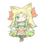  1girl animal_ears armor black_thighhighs blue_eyes breastplate cat_ears chibi emil_chronicle_online green_skirt hair_ribbon homurabi midriff mitama_elise navel one_eye_closed open_mouth orange_ribbon orange_skirt paw_pose ribbed_sweater ribbon skirt sweater thighhighs white_background 