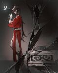  1boy absurdres belt black_boots black_hair boots bracer broken_glass bug butterfly butterfly_on_hand chinese_clothes coffin crack cracked_glass from_side full_body glass gloves glowing_butterfly hand_up hanfu highres hua_cheng korean_commentary long_hair long_sleeves male_focus pants red_hanfu solo standing tianguan_cifu very_long_hair white_butterfly white_pants young57440489 