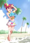  1girl :d ahoge bad_id bare_arms bare_shoulders beach bikini bikini_skirt blush creature curly_sidelocks day dot_nose double_bun hair_bun hair_ornament hand_up hashtag-only_commentary holding hoshina_hikaru looking_ahead navel outdoors palm_tree precure prunce_(precure) red_eyes red_hair sand shore short_hair smile standing star_(symbol) star_hair_ornament star_twinkle_precure swimsuit tree water white_bikini yakizakana_(yakizakana10967) 