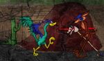 2010 3_toes 4_fingers abstract_background anthro arm_tuft armor athletic athletic_anthro athletic_male avian back_tuft battle beak belly biped bird black_eyes black_nose blowing_raspberries blue_body blue_feathers blue_helmet boulder brown_body brown_fur cactus calf_tuft canid canine canis canyon casual_nudity chest_tuft colored coyote cuculiform desert digital_drawing_(artwork) digital_media_(artwork) digital_painting_(artwork) duel duo dynamite ears_back elbow_tuft explosives eyebrows faceoff feathered_wings feathers feet fingers fur greater_roadrunner head_feathers headgear headgear_only helmet helmet_only hobby_horse holding_dynamite humanoid_hands humanoid_heel knee_tuft knight leg_tuft looney_tunes male mammal multicolored_body multicolored_feathers multicolored_fur new_world_ground_cuckoo nude outside painting_(artwork) paws pecs pivoted_ears plant plantigrade purple_body purple_feathers raised_heel raised_tail raised_wings road_runner_(looney_tunes) roadrunner rock shaded shoulder_tuft shrub side_view sketch sketchy skinny soles spread_wings stevethedragon tail tail_feathers tan_belly tan_body tan_eyebrows tan_fur tiptoes tnt toes tongue tongue_out tuft two_tone_body two_tone_feathers two_tone_fur warner_brothers warrior wearing_helmet white_sclera wile_e._coyote wings yellow_beak yellow_legs