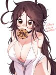  absurdres ahoge bandaid bandaid_on_face bandaid_on_nose bandaid_on_shoulder black_choker blush breasts brown_eyes brown_hair choker cleavage collarbone cookie detached_sleeves dress english_text eyebrows_hidden_by_hair eyes_visible_through_hair food food_in_mouth half_updo hands_on_ground hazel_eyes heart heart_ahoge highres huge_ahoge indie_virtual_youtuber large_breasts long_hair looking_at_viewer simple_background sky_above_me sky_above_me_(vtuber) solo thighs very_long_hair virtual_youtuber white_background white_dress 