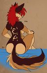  2017 anthro ayn blue_eyes breasts butt canine female fluff-kevlar hair jackal looking_back mammal nude red_hair smile solo 