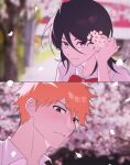  1boy 1girl absurdres black_hair bleach cherry_blossoms collared_shirt flower gwao_(_ul_13) hair_flower hair_ornament highres karakura_high_school_uniform kuchiki_rukia kurosaki_ichigo orange_eyes orange_hair purple_eyes school_uniform shirt short_hair smile white_shirt 