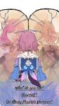  3girls blue_eyes blue_jacket broken_mirror coat color_connection company_connection corset cyrene_(honkai:_star_rail) elysia_(honkai_impact) elysia_(miss_pink_elf)_(honkai_impact) english_text hair_color_connection hair_ornament hashtag-only_commentary highres honkai:_star_rail honkai_(series) honkai_impact_3rd inoue_marina jacket lightrozal march_7th_(honkai:_star_rail) medium_hair mirror multiple_girls pink_hair purple_coat voice_actor_connection white_corset yanning 