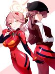  2girls absurdres alternate_costume animal_ear_headwear aru_(blue_archive) black_hat black_jacket blue_archive blunt_bangs bodysuit breasts broken_horns cleavage cosplay demon_girl demon_horns dual_persona evangelion:_3.0_you_can_(not)_redo eyepatch grin hair_ornament hands_in_pockets hat highres horns jacket large_breasts long_hair mecha_pilot_suit multiple_girls nasan_(coldtime) neon_genesis_evangelion plugsuit_(evangelion) rebuild_of_evangelion red_bodysuit red_hair smile souryuu_asuka_langley souryuu_asuka_langley_(cosplay) yellow_eyes 