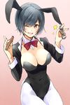 animal_ears black_hair black_leotard blazer bow bowtie breasts brown_eyes bunny_ears bunny_tail bunnysuit cigar cleavage detached_collar highres jacket large_breasts leotard looking_at_viewer open_mouth original pantyhose red_bow red_neckwear short_hair solo strapless strapless_leotard tail west_potato white_legwear wrist_cuffs 