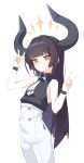  1girl behalter black_hair black_horns black_shirt bright_pupils diein_(djmax) djmax djmax_respect double_v halo highres horns long_hair looking_at_viewer necktie orange_halo pants shirt simple_background sleeveless sleeveless_shirt solo standing v white_background white_necktie white_pants white_pupils yellow_eyes 