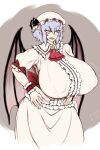  alternate_breast_size ascot back_bow bat_wings blue_hair bow breasts brooch center_frills covered_nipples cropped_legs dated dress elun_(meido) fang frilled_shirt_collar frilled_sleeves frills hair_between_eyes hands_on_own_hips hat hat_ribbon highres huge_breasts jewelry mob_cap motion_lines open_mouth pointy_ears puffy_short_sleeves puffy_sleeves red_ascot red_eyes remilia_scarlet ribbon short_hair short_sleeves simple_background sleeve_bow touhou wings 