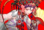  1girl character_request chinese_opera chinese_zodiac copyright_request eyeliner flower flower_request hand_fan imam_(oozlo) korean_commentary lips makeup pink_flower purple_hair red_background red_eyeliner star-shaped_pupils star_(symbol) symbol-shaped_pupils tagme v-shaped_eyebrows wide_sleeves year_of_the_rooster 