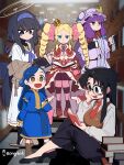  6+girls :d absurdres artist_name bags_under_eyes beatrice_(re:zero) black_hair black_pants blonde_hair blue_archive blue_bow blue_dress blue_eyes blue_hair blue_hairband blue_sailor_collar bongfill book bookshelf bow brown_halo brown_vest cardigan commentary crescent crescent_hat_ornament crossover crown dress drill_hair empty_eyes glasses grey_eyes hair_ribbon hairband halo hand_on_own_cheek hand_on_own_face hat hat_ornament highres holding holding_book honzuki_no_gekokujou indoors jitome kita_high_school_uniform library long_hair long_sleeves looking_at_another looking_at_viewer mini_crown mob_cap multiple_crossover multiple_girls myne_(honzuki_no_gekokujou) nagato_yuki neckerchief necktie open_book pants patchouli_knowledge pile_of_books purple_hair purple_hairband purple_neckerchief re:zero_kara_hajimeru_isekai_seikatsu read_or_die rectangular_eyewear red_bow red_necktie ribbon sailor_collar school_uniform serafuku sidelocks sitting slippers smile striped_clothes striped_thighhighs suzumiya_haruhi_no_yuuutsu symbol-only_commentary symbol-shaped_pupils thighhighs tile_floor tiles touhou trait_connection twin_drills ui_(blue_archive) v-shaped_eyebrows vest white_serafuku winter_uniform yellow_eyes yomiko_readman 