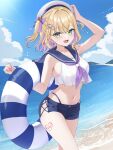  1girl absurdres bare_shoulders beach blonde_hair blue_innertube blue_sailor_collar blue_shorts blue_sky blush bow breasts cloud cloudy_sky collarbone colored_inner_hair commentary_request crop_top day earrings fang fingernails green_eyes hair_bow hair_intakes hair_ornament hairclip hat heart heart_earrings heart_tattoo highleg highres holding holding_swim_ring jewelry kurumi_noah leg_tattoo medium_hair multicolored_hair nail_polish navel ocean open_mouth outdoors pink_bow pink_eyes pink_nails sailor_collar sailor_hat sand school_uniform serafuku shorts sky smile solo stomach swim_ring tattoo teddy_bear_hair_ornament thighs two-tone_hair two-tone_innertube two_side_up virtual_youtuber vspo! white_hat white_innertube white_serafuku ysnhryk 