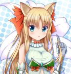  1girl aneten animal_ears armor armored_gloves bare_shoulders breastplate breasts cat_ears emil_chronicle_online green_armor hair_ribbon large_breasts long_hair looking_at_viewer mitama_elise open_mouth red_ribbon ribbed_sweater ribbon sweater 