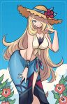  1girl bikini blonde_hair blue_sarong blue_sky breasts brown_hat closed_mouth cloud cloudy_sky crop_top cynthia_(pokemon) cynthia_(summer_2025)_(pokemon) flower flower_hat grey_eyes hair_flower hair_ornament hair_over_one_eye hat hat_flower highres long_hair looking_at_viewer missandydandy navel official_alternate_costume outdoors pokemon pokemon_masters_ex sarong shirt sky smile solo straw_hat sun_hat swimsuit tied_shirt very_long_hair 