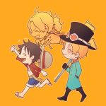  3boys aqua_coat black_boots black_hair black_hat blonde_hair blue_shorts boots brothers burn_scar closed_eyes closed_mouth coat cross_scar deformed fire full_body ghost goggles goggles_on_headwear hand_in_pocket hat holding holding_lead_pipe lead_pipe male_focus moko_(gloriaaaaaa) monkey_d._luffy multiple_boys one_piece open_mouth orange_background portgas_d._ace sabo_(one_piece) scar scar_across_eye scar_on_cheek scar_on_chest scar_on_face short_hair shorts siblings smile straw_hat top_hat walking 