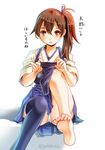  blush brown_eyes brown_hair commentary_request feet japanese_clothes kaga_(kantai_collection) kantai_collection long_hair looking_at_viewer muneate open_mouth panties side_ponytail single_thighhigh sitting skirt sogabe_toshinori soles solo thighhighs translated underwear white_panties 