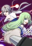  2girls absurdres assault_lily bare_shoulders black_hair blue_eyes blue_jacket blue_sailor_collar blunt_bangs blurry blurry_foreground breasts commentary_request detached_sleeves dual_wielding elbow_gloves energy fang fighting_stance floating_hair fujita_asagao gloves green_hair grey_hair hair_ornament hairclip hands_up highres holding holding_sword holding_weapon horns jacket kawabata_hotaru looking_at_viewer looking_to_the_side low_twintails magic_circle mechanical_horns medium_breasts multicolored_horns multiple_girls odaiba_girls_high_school_uniform off_shoulder open_mouth outstretched_arm purple_background red_eyes red_horns sailor_collar school_uniform serafuku shirt sideways_glance simple_background sleeveless sleeveless_shirt sword twintails two-tone_horns two-tone_shirt v-shaped_eyebrows weapon white_gloves white_shirt yadoo 