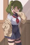  1girl absurdres alternate_costume artist_name black_sailor_collar blue_skirt blue_thighhighs breasts brown_cardigan cardigan closed_mouth commentary_request contemporary cowboy_shot double-parted_bangs green_hair gyaru high-waist_skirt highres indoors kogal large_breasts light_blush long_hair looking_at_viewer mol563_dev neckerchief off_shoulder open_cardigan open_clothes pleated_skirt purple_eyes red_neckerchief sailor_collar school_uniform serafuku shirt shirt_tucked_in side_ponytail skirt sleeves_past_fingers sleeves_past_wrists smile solo sousou_no_frieren standing thigh_strap thighhighs ubel_(sousou_no_frieren) white_shirt zettai_ryouiki 