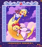  angel_wings apron artist_name blonde_hair blue_dress blush bow bowtie cloud cloudy_sky comet_summoner98 crescent_moon dress english_text feathered_wings frills gengetsu_(touhou) hair_bow holding_teddy_bear long_sleeves maid maid_headdress moon mugetsu_(touhou) multiple_girls open_mouth pixel_art puffy_short_sleeves puffy_sleeves red_bow red_eyes ribbon short_hair short_sleeves siblings sisters skirt sky sleeping smile stuffed_animal stuffed_toy teddy_bear touhou touhou_(pc-98) twins white_wings wings 