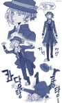  1girl ascot boater_hat boots bow coat collared_shirt faceplant fallen_down full_body greyscale hair_bun hat hat_bow highres kim_8thhh korean_text monochrome multiple_views pants reverse:1999 rock shirt short_hair single_side_bun speech_bubble thought_bubble translation_request tripping upper_body vertin_(reverse:1999) vest waistcoat walking 