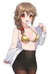  1girl bikini black_skirt blush braid braided_ponytail breasts brown_hair brown_pantyhose commentary_request gold_bikini highres idolmaster idolmaster_cinderella_girls kamille_(vcx68) looking_at_viewer medium_breasts open_clothes open_shirt pantyhose senkawa_chihiro simple_background skirt smile solo swimsuit white_background 