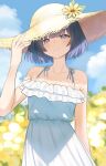  07nono06 1girl absurdres bare_arms blunt_bangs blurry blurry_background blush collarbone commentary dress flower gakuen_idolmaster hat hat_flower hataya_misuzu highres idolmaster mole mole_under_mouth outdoors purple_hair short_hair sleeveless sleeveless_dress smile solo straw_hat white_dress 