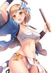  :d arm_up blonde_hair breasts covered_nipples djeeta_(granblue_fantasy) drum_master_(granblue_fantasy) drumsticks eyebrows_visible_through_hair fundoshi granblue_fantasy hachimaki headband highres hyui_cf2 japanese_clothes medium_breasts navel nejiri_hachimaki open_mouth sarashi short_hair simple_background smile solo stomach sweat tareme white_background yellow_eyes 