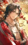  1boy autumn autumn_leaves bishounen black_hair braid braided_ponytail branch brown_eyes chinese_clothes closed_mouth crossed_arms dappled_sunlight day earrings hair_over_shoulder hanfu haystack highres hua_cheng jewelry korean_commentary leaf light_smile long_hair long_sleeves looking_at_viewer male_focus mandarin_collar maple_leaf official_alternate_hairstyle outdoors parted_bangs red_hanfu san_lang shirt single_braid sitting smile solo sunlight tianguan_cifu tree upper_body white_shirt young57440489 