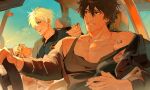  2boys bare_pectorals black_jacket black_tank_top blonde_hair blue_shirt bottle brown_eyes brown_hair car_interior cloud collarbone commentary_request driving food french_fries fuzzy_dice guilty_gear guilty_gear_strive highres holding holding_food jacket jacket_partially_removed ketchup lapels looking_at_another looking_to_the_side male_focus multiple_boys ninguno_guilty notched_lapels outstretched_arm parted_bangs pectorals shirt short_hair sin_kiske sitting sky smile sol_badguy steering_wheel tank_top teeth zipper_pull_tab 