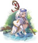  1girl barefoot blue_flower capelet closed_mouth double-parted_bangs dress earrings elf flower frieren green_eyes head_wreath highres holding holding_staff jewelry kyuu_(chiu850513) long_hair pointy_ears sidelocks solo sousou_no_frieren squatting staff striped_clothes striped_dress twintails water white_capelet white_dress 