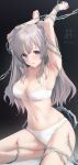  1girl armpits arms_up bdsm blush bondage bound bound_arms bow bow_bra bow_panties bra breasts cleavage clenched_hand collarbone commentary_request dark_background foley_anden foot_out_of_frame grey_hair highres idolmaster idolmaster_shiny_colors lace-trimmed_bra lace-trimmed_panties lace_trim large_breasts linea_alba long_hair looking_at_viewer navel panties parted_lips purple_eyes school_uniform sitting solo stomach thorns two_side_up underwear underwear_only watermark white_bra white_panties yukoku_kiriko 