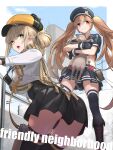  2girls animal ass black_gloves black_hat black_shirt black_skirt black_thighhighs blonde_hair blue_sky brown_hair building cat english_text fune_(fune83ojj) gloves goddess_of_victory:_nikke green_eyes hat highres holding holding_animal holding_cat long_hair looking_back looking_to_the_side military_hat miniskirt miranda_(nikke) multiple_girls novel_(nikke) shirt skirt sky skyscraper thighhighs thighs twintails very_long_hair watch white_shirt wristwatch 
