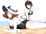  2girls :o ass beach bikini black_one-piece_swimsuit braid breasts brown_eyes brown_hair cleavage commentary crown_braid eightyfourart english_commentary green_bikini grin hat highres lips lying medium_breasts multiple_girls niijima_makoto official_alternate_costume okumura_haru one-piece_swimsuit persona persona_5 pink_lips sand sitting small_breasts smile sun_hat swimsuit water 